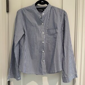 Reformation Blue and White Striped Collarless Button Up Shirt
